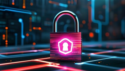 Futuristic padlock symbol over circuit board background representing advanced cybersecurity and data protection technology in the digital age