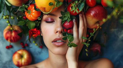 Wall Mural - A healthy lifestyle where food grows on your body, with nutrient-rich fruits and vegetables sprouting from your skin, offering fresh, organic snacks throughout the day