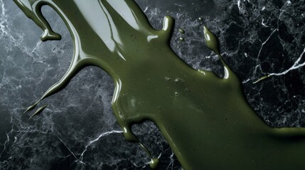 Poster - Glossy Green Paint Spilling on Dark Marble Surface