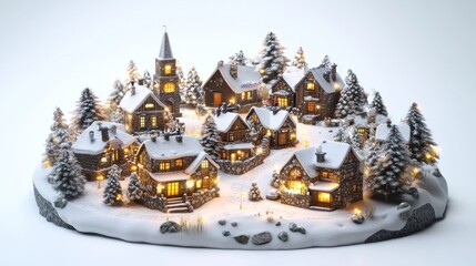 Canvas Print - A charming winter village scene with illuminated houses and snow-covered trees.