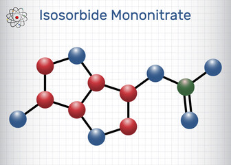 Wall Mural - Isosorbide mononitrate molecule. Used to treat angina caused by coronary artery disease. Molecule model. Sheet of paper in a cage. Vector