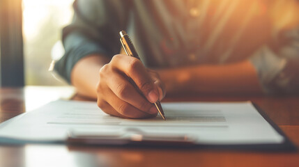 Confident businessman signing a contract with a focus on price guarantees and financial security, with blurred background financial documents symbolizing business stability.

