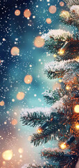 Wall Mural - A beautiful snowy Christmas tree adorned with glowing lights creates magical winter atmosphere. soft snowfall adds to festive charm, evoking feelings of warmth and joy