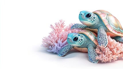 Wall Mural - Two colorful turtles resting on vibrant coral in an underwater setting.