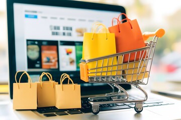 A laptop and a shopping cart full of paper bag. Online shopping concept.