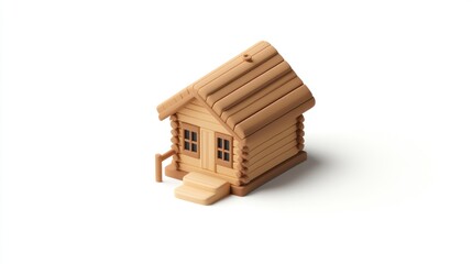 A small wooden cabin model with a front porch and two windows.