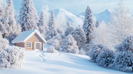 Sticker - A serene winter landscape featuring a cozy cabin amidst snow-covered trees and mountains.