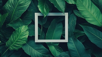 Sticker - A minimalist design featuring a square frame surrounded by lush green leaves.