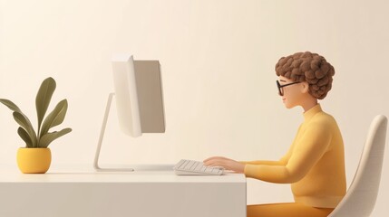 Wall Mural - A person working at a computer desk with a plant nearby in a minimalist setting.