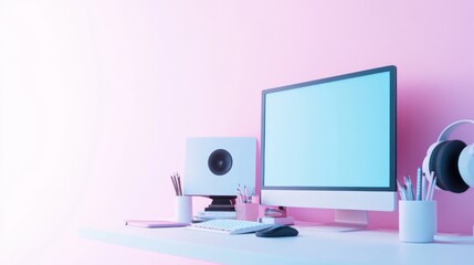 Poster - A modern workspace featuring a computer, accessories, and a pastel background.