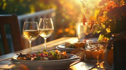 Elegant dining setup with two glasses of white wine, a plate of colorful salad, and a vase of bright flowers, all bathed in warm sunlight.