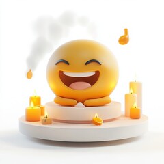 Wall Mural - A 3D cartoon emoji enjoying an aromatherapy session, with steam and scented candles around it, on a white background 