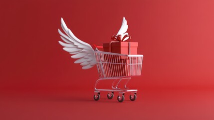 Poster - A red shopping cart with white wings and a gift box on top against a red background.