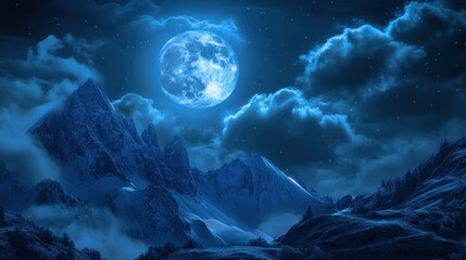 Canvas Print - A serene night landscape featuring a bright moon illuminating rugged mountains and clouds.