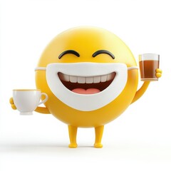 Wall Mural - A 3D cartoon emoji with a foam face mask and a big, relaxing smile, holding a cup of tea in one hand, on a white background 