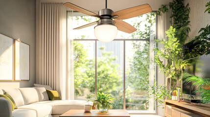 Canvas Print - Modern Minimalist Living Room with Contemporary Ceiling Fan and Sunlit Greenery for Serene Ambiance