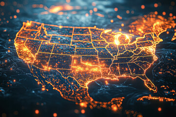 Wall Mural - A map of the United States is lit up with orange lights
