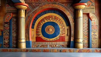 Poster - Ancient African Art: Geometric Mural with Cultural Symbols, Tribal Carvings, and Vibrant Gold, Red, and Blue Patterns on Temple Wall and Columns