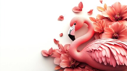 Poster - A vibrant flamingo surrounded by pink flowers, creating a lively and artistic composition.