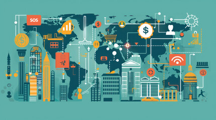 A digital illustration of Social Security services tailored for expats, with icons representing different countries, international banking, and online access