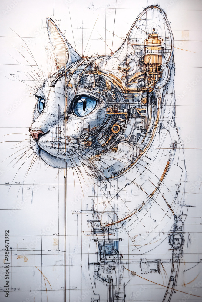 Mechanical cybernetic cat design blending organic anatomy with ...