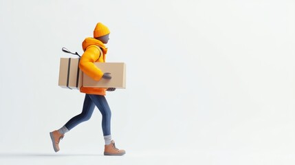 A person in a winter outfit carrying a package, suggesting delivery or shipping.