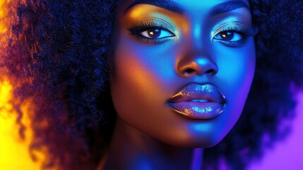 Wall Mural - A close-up portrait of a person with vibrant lighting and striking makeup.