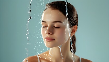 Canvas Print - Calm studio scene featuring a woman engaging in a skincare routine with water drops, emphasizing hydration and freshness for enhanced wellness and vitality