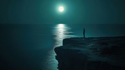 Wall Mural - A solitary figure stands on a cliff, gazing at a luminous moon over a tranquil sea.