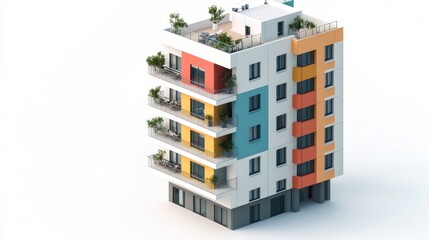 Canvas Print - A modern multi-story residential building with balconies and greenery.