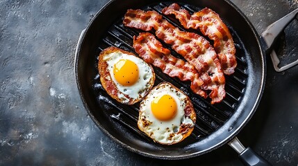 A close up shot of two fried eggs and crispy bacon in a black pan. The food is on a dark grey surface.