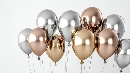 A group of metallic balloons in silver, gold, and rose gold, showcased on a white background to highlight luxury and celebration