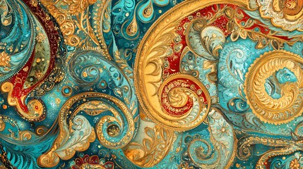 Abstract artistic background with swirling gold and turquoise patterns.