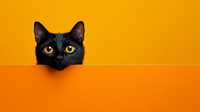 A black cat peeking on a orange background. - banner with copy space.