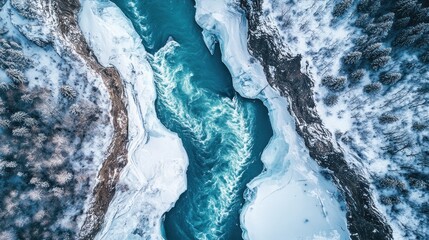 Canvas Print - Aerial view of a winding river surrounded by snow and trees in a winter landscape.