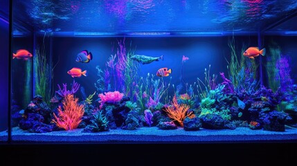 A mesmerizing aquarium display featuring neon-colored fish, seaweed, and coral under glowing blue lights.