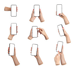 Poster - Woman s hand holding smartphone with blank screen, isolated on white background. Mockup for digital