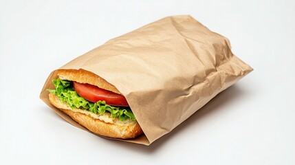 A paper wrap encasing a sandwich, neatly folded and set on a white background, representing fast food and eco-friendly packaging.