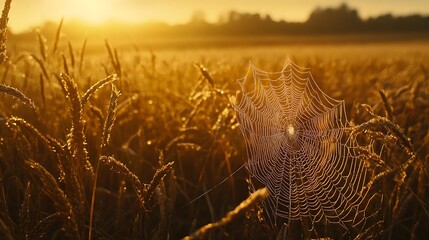 A spider web covered in dew drops in a field of golden wheat at sunset.