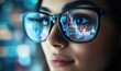 © redflower - Close-Up of Businesswoman with Stock Market Graph in Glasses Reflection, Candlestick and Financial Data on Screen