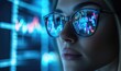 © redflower - Close-Up of Businesswoman with Stock Market Graph in Glasses Reflection, Candlestick and Financial Data on Screen