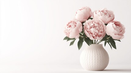 Wall Mural - A bouquet of soft pink peonies in a white vase against a minimalist background.