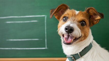 Poster - A dog standing in front of a chalkboard with his tongue hanging out, AI