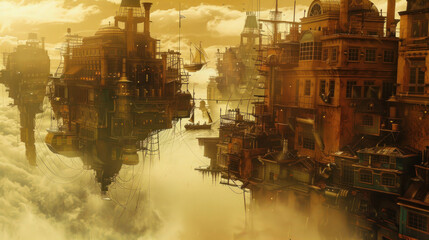 a city floating above the ground on waves of heat, with buildings swaying like ships in the ocean, a