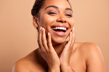 Poster - Photo of lovely pretty girl touch cheeks face excited open shoulders isolated on beige pastel color background