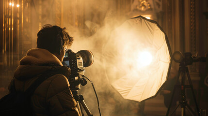 A cinematographer adjusting a large softbox light on a film set, carefully positioning it to create a soft, flattering light on the lead actor's face