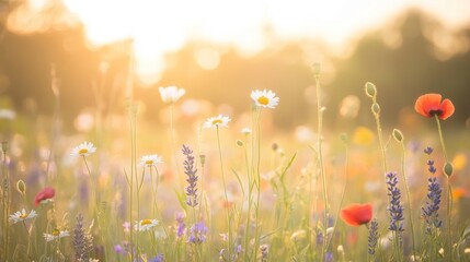 Poster - A vibrant field of wildflowers illuminated by soft sunlight during golden hour.