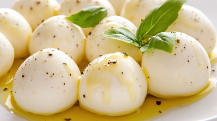 Poster - A plate of small balls with a leaf on top and some sauce, AI