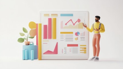 A 3D illustration of a person presenting data analytics on a digital screen.