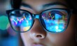 © redflower - Close-Up of Businesswoman with Stock Market Graph in Glasses Reflection, Candlestick and Financial Data on Screen